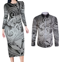 Personalised Aloha King Kamehameha Spirits Couples Matching Long Sleeve Bodycon Dress and Long Sleeve Button Shirt Grey Special LT9 Grey - Polynesian Pride