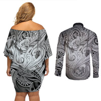 Personalised Aloha King Kamehameha Spirits Couples Matching Off Shoulder Short Dress and Long Sleeve Button Shirt Grey Special LT9 - Polynesian Pride