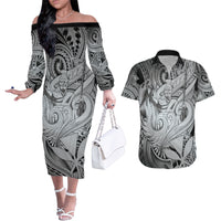 Personalised Aloha King Kamehameha Spirits Couples Matching Off The Shoulder Long Sleeve Dress and Hawaiian Shirt Grey Special LT9 Grey - Polynesian Pride