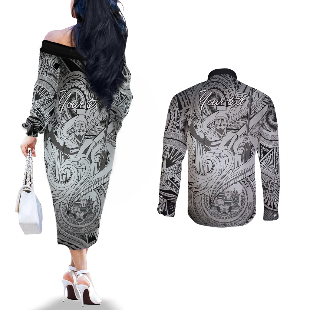 Personalised Aloha King Kamehameha Spirits Couples Matching Off The Shoulder Long Sleeve Dress and Long Sleeve Button Shirt Grey Special LT9 - Polynesian Pride