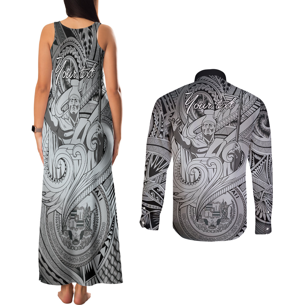Personalised Aloha King Kamehameha Spirits Couples Matching Tank Maxi Dress and Long Sleeve Button Shirt Grey Special LT9 - Polynesian Pride