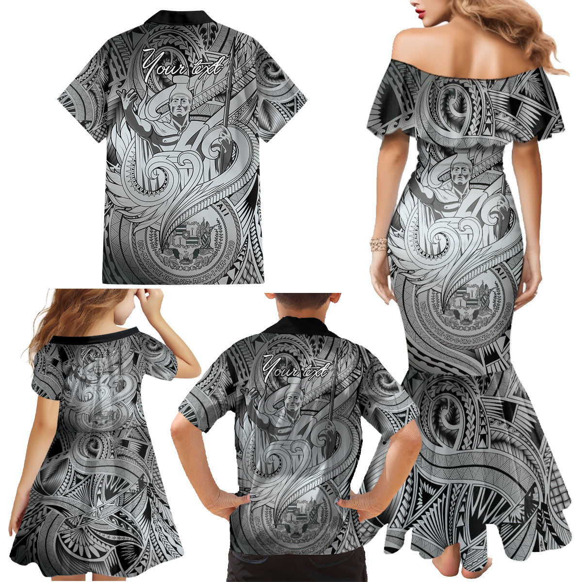 Personalised Aloha King Kamehameha Spirits Family Matching Mermaid Dress and Hawaiian Shirt Grey Special LT9 - Polynesian Pride