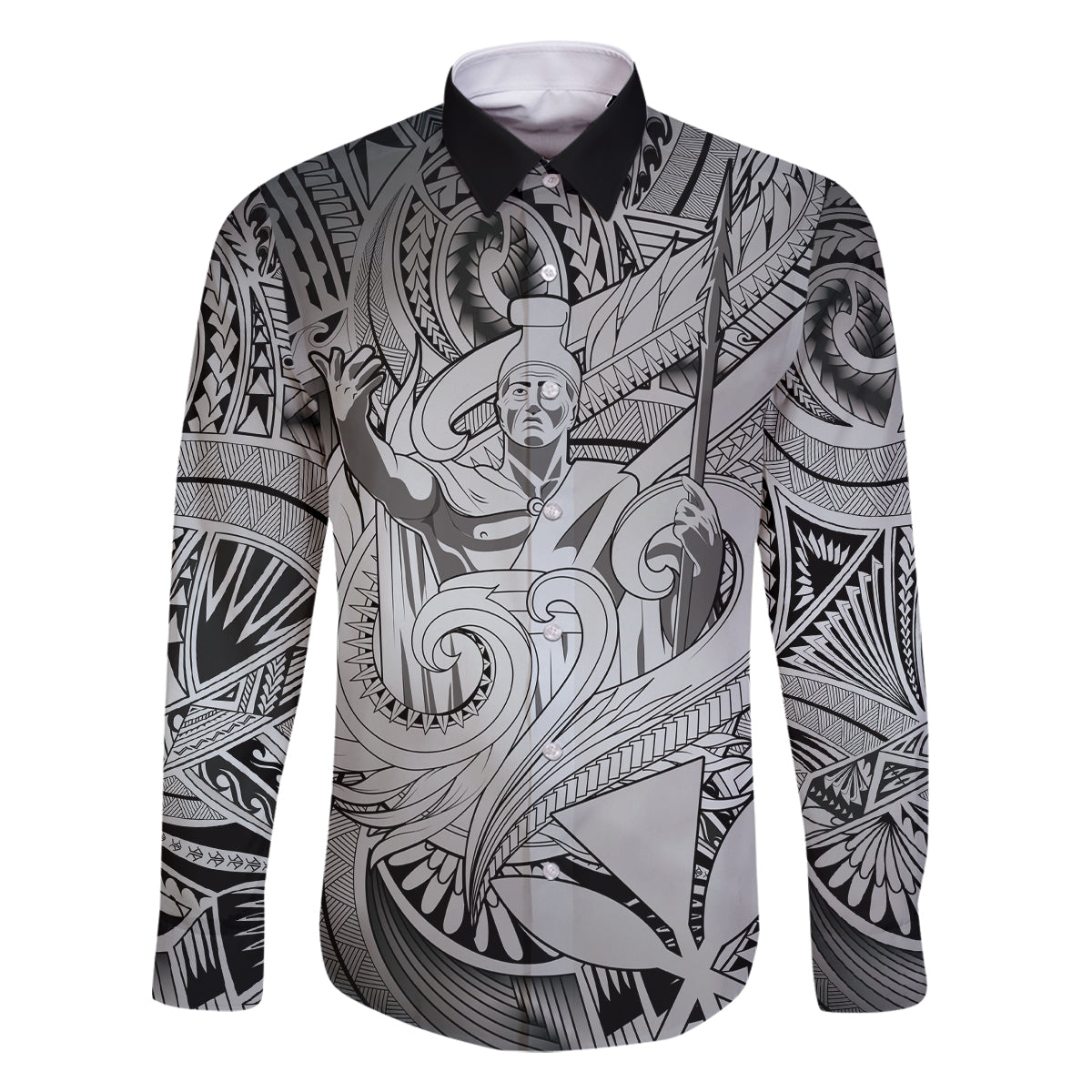 Personalised Aloha King Kamehameha Spirits Family Matching Off Shoulder Long Sleeve Dress and Hawaiian Shirt Grey Special LT9 Dad's Shirt - Long Sleeve Grey - Polynesian Pride