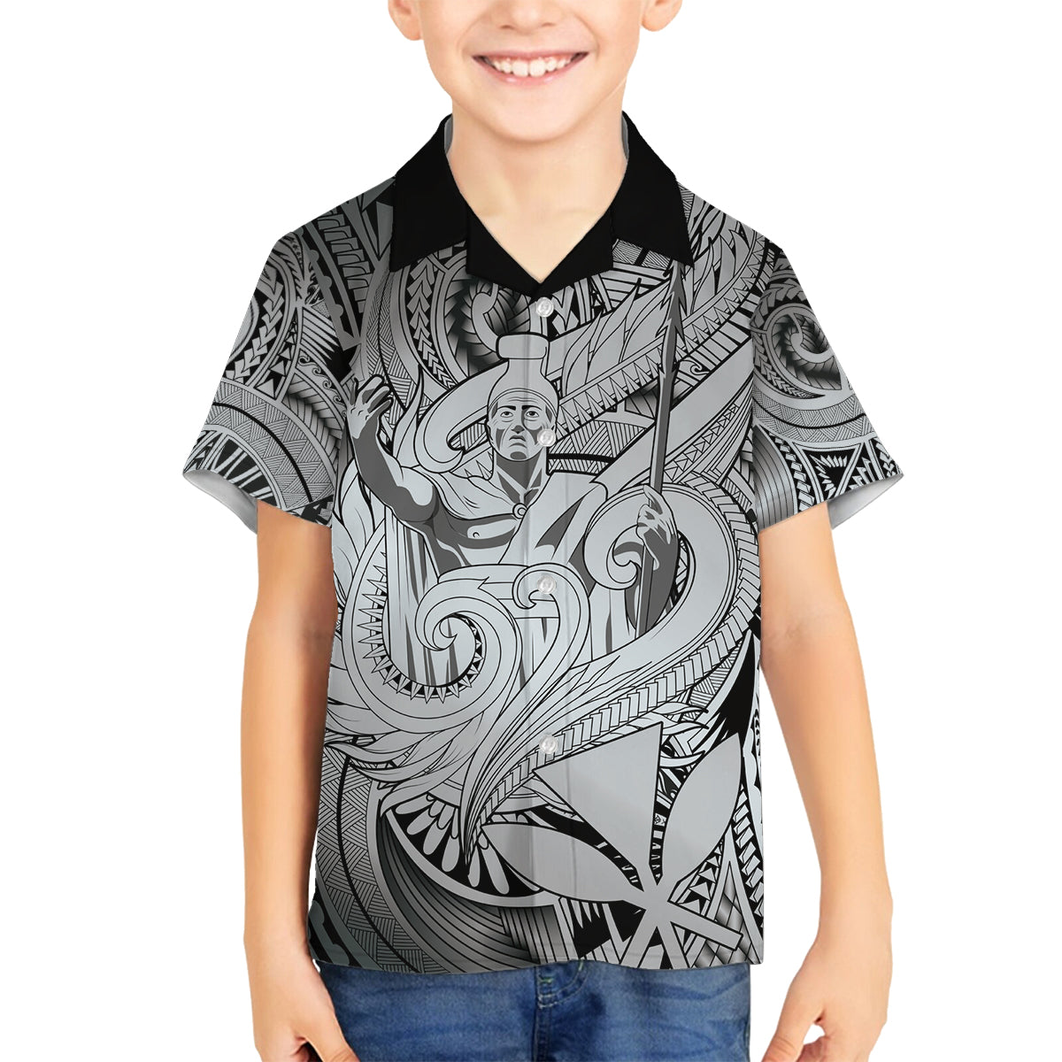 Personalised Aloha King Kamehameha Spirits Family Matching Puletasi and Hawaiian Shirt Grey Special LT9 Son's Shirt Grey - Polynesian Pride