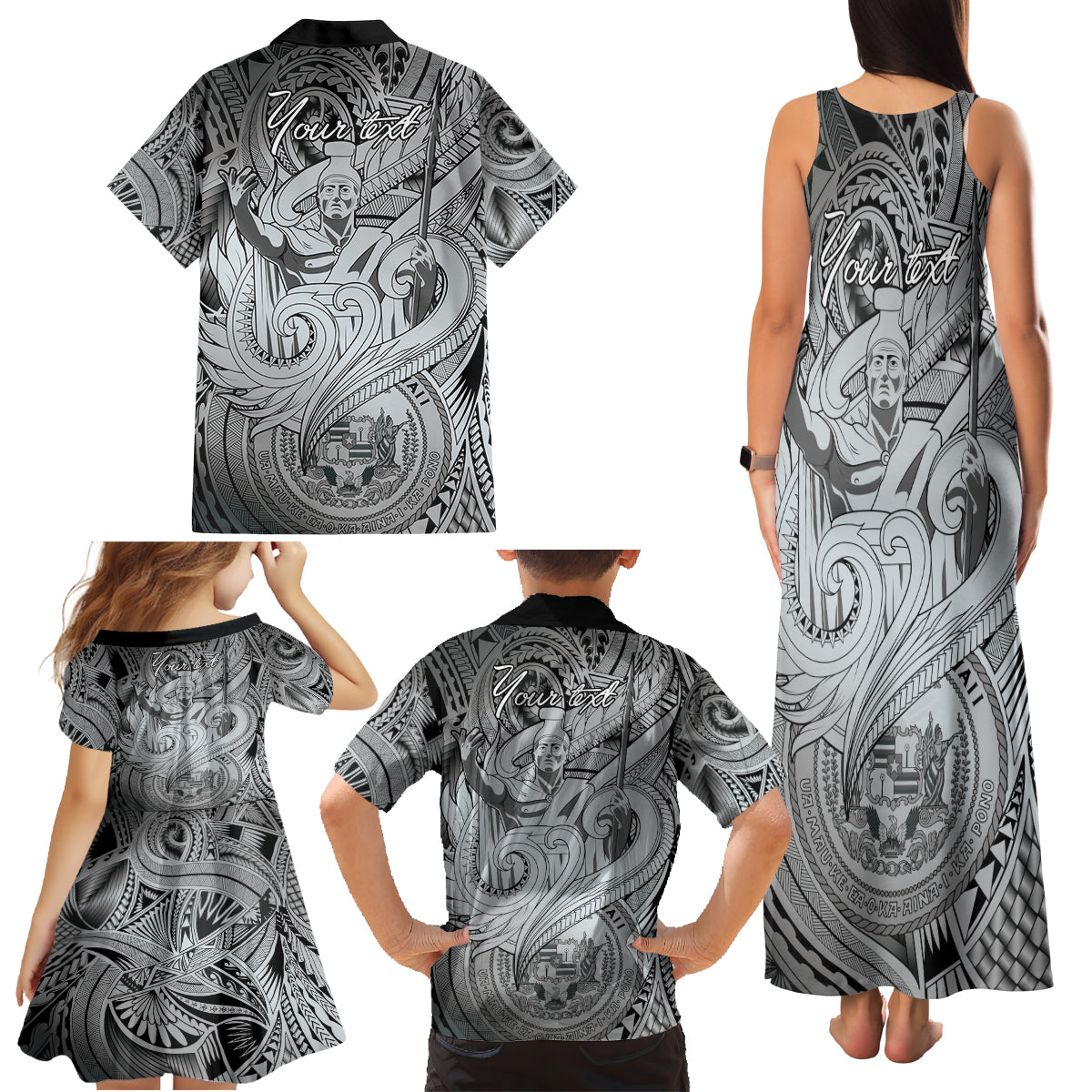 Personalised Aloha King Kamehameha Spirits Family Matching Tank Maxi Dress and Hawaiian Shirt Grey Special LT9 - Polynesian Pride