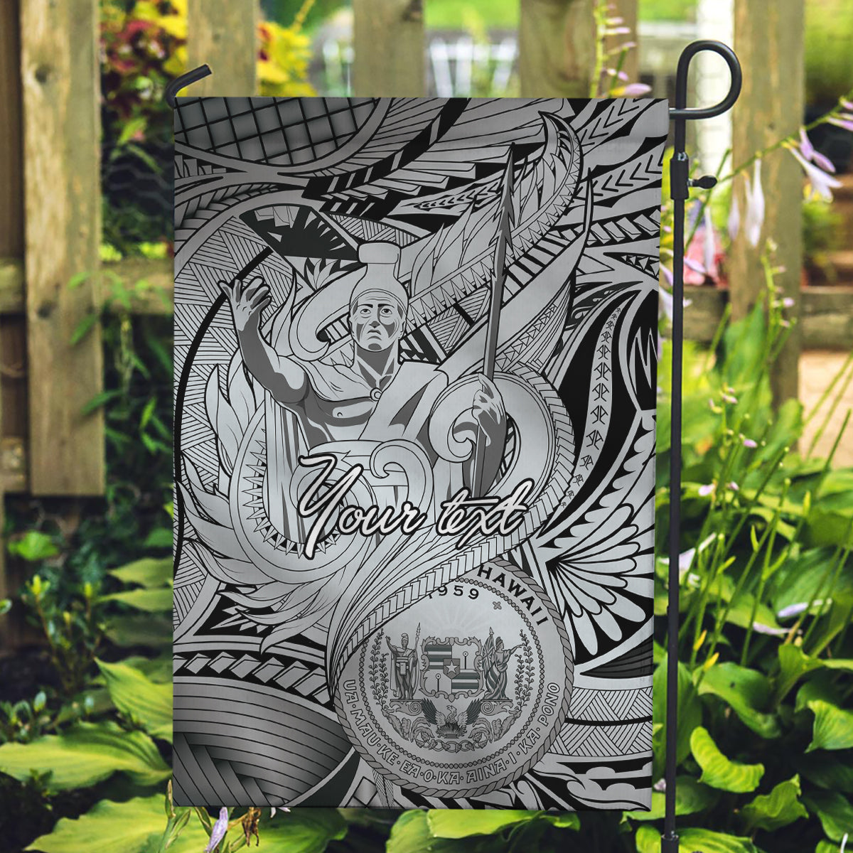 Personalised Aloha King Kamehameha Spirits Garden Flag Grey Special
