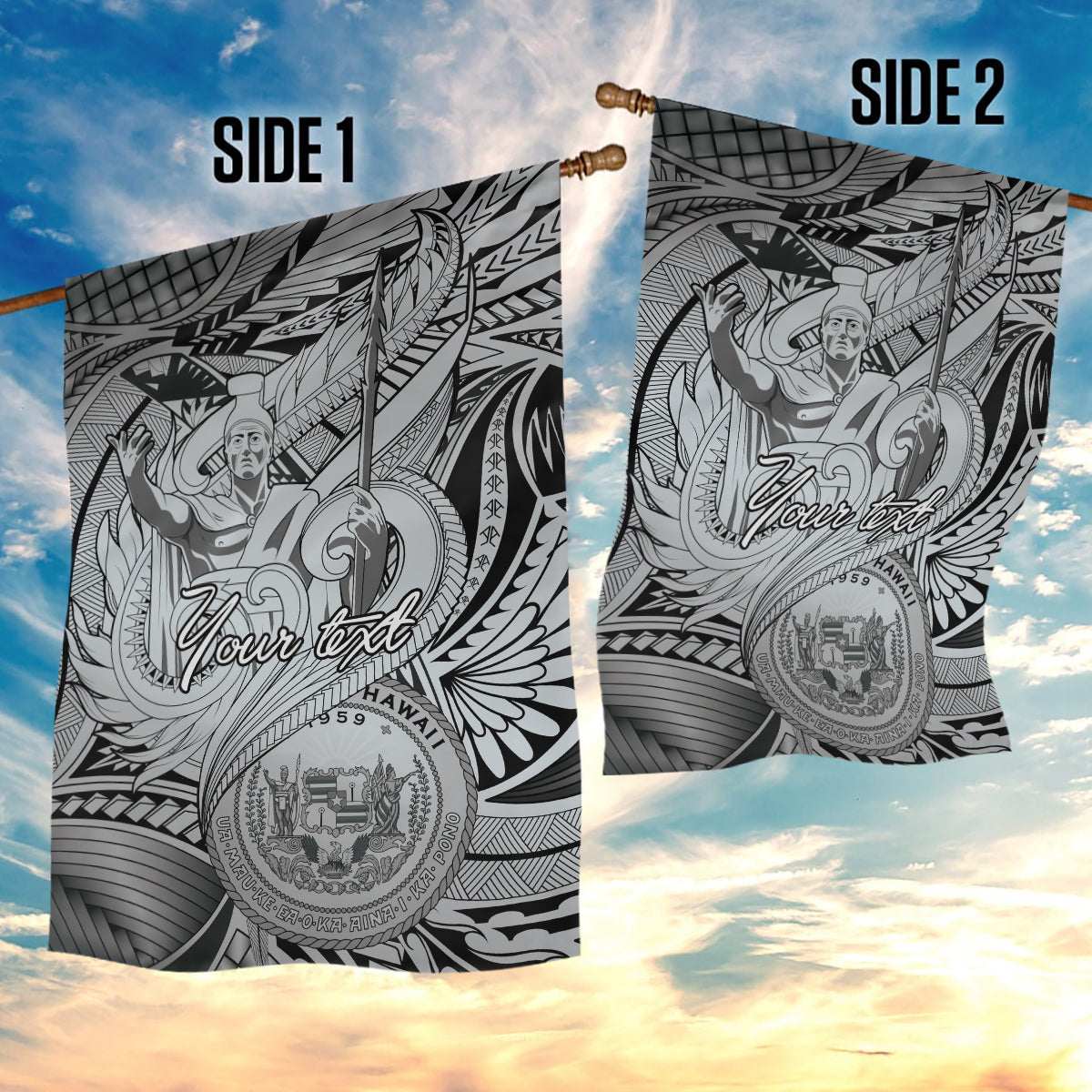 Personalised Aloha King Kamehameha Spirits Garden Flag Grey Special