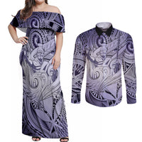 Personalised Aloha King Kamehameha Spirits Couples Matching Off Shoulder Maxi Dress and Long Sleeve Button Shirt Violet Special LT9 Violet - Polynesian Pride