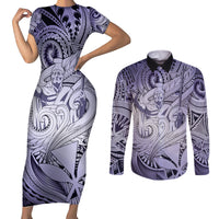 Personalised Aloha King Kamehameha Spirits Couples Matching Short Sleeve Bodycon Dress and Long Sleeve Button Shirt Violet Special LT9 Violet - Polynesian Pride