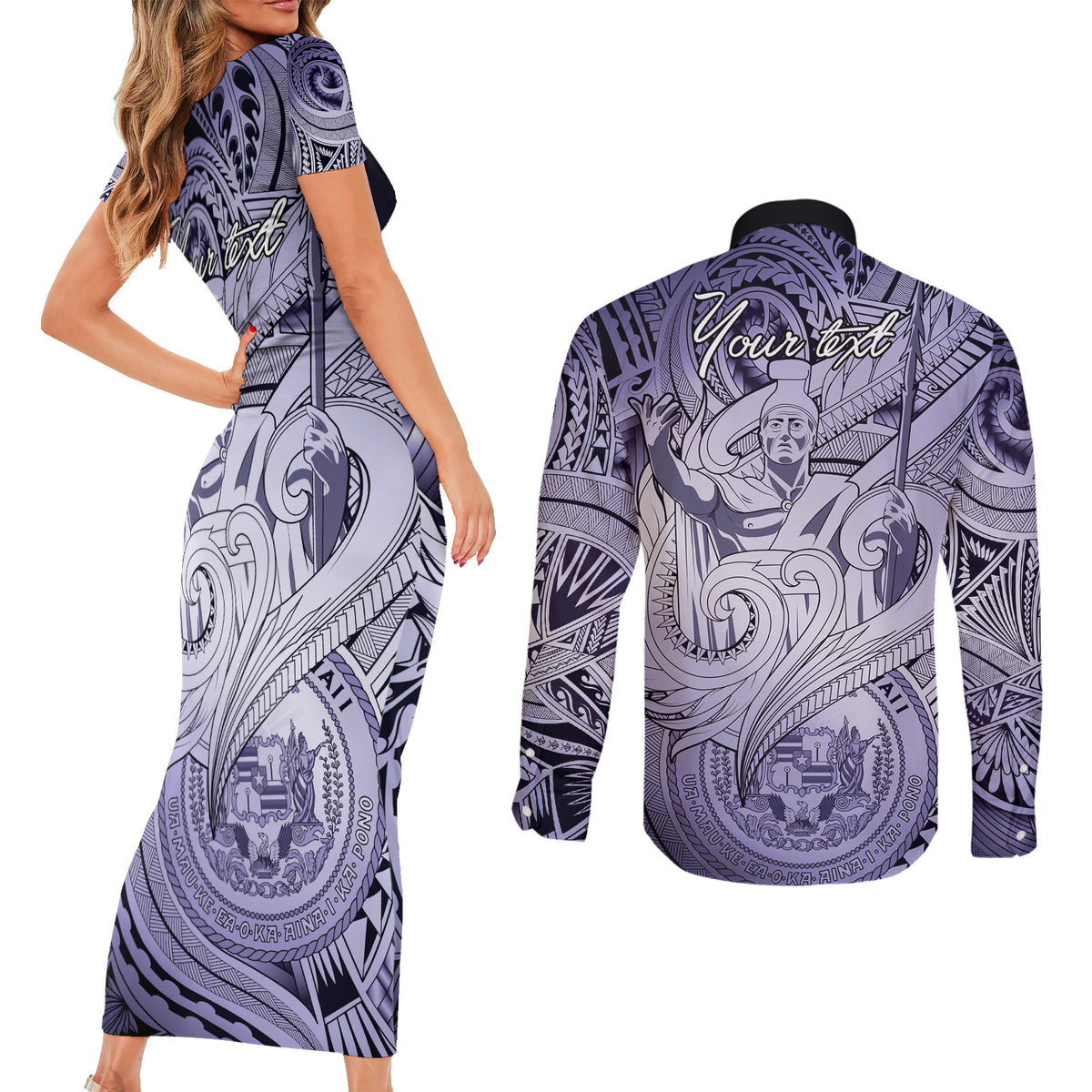 Personalised Aloha King Kamehameha Spirits Couples Matching Short Sleeve Bodycon Dress and Long Sleeve Button Shirt Violet Special LT9 - Polynesian Pride