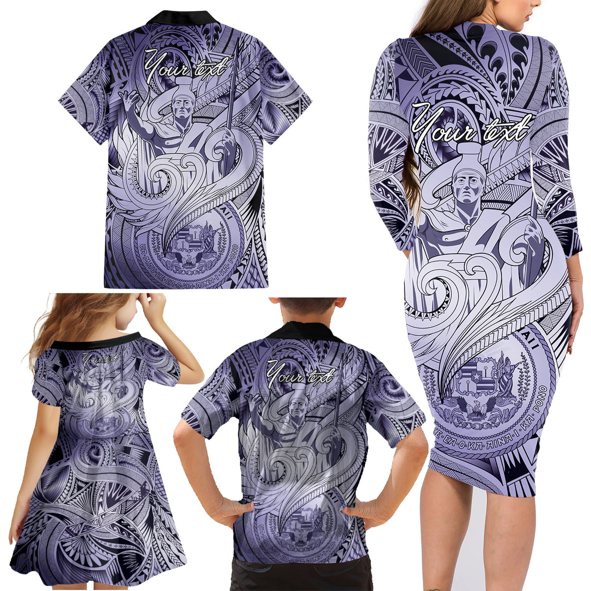 Personalised Aloha King Kamehameha Spirits Family Matching Long Sleeve Bodycon Dress and Hawaiian Shirt Violet Special LT9 - Polynesian Pride