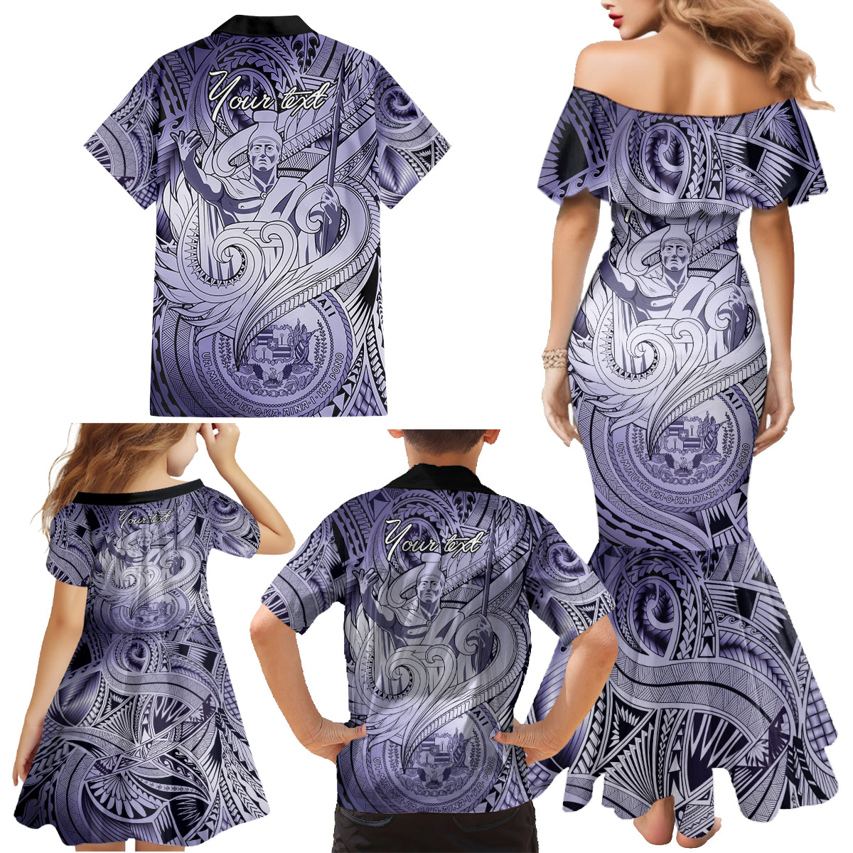 Personalised Aloha King Kamehameha Spirits Family Matching Mermaid Dress and Hawaiian Shirt Violet Special LT9 - Polynesian Pride