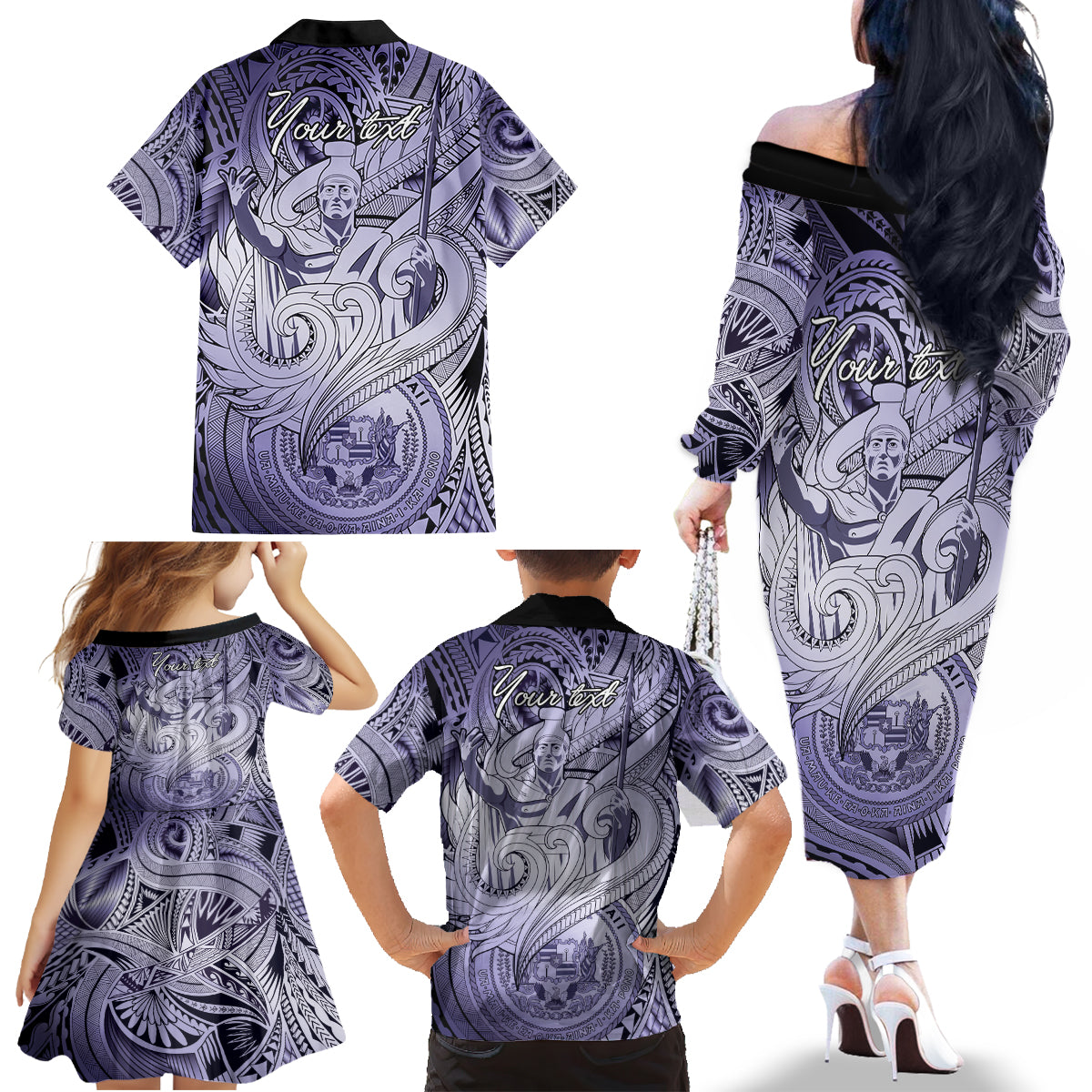 Personalised Aloha King Kamehameha Spirits Family Matching Off Shoulder Long Sleeve Dress and Hawaiian Shirt Violet Special LT9 - Polynesian Pride
