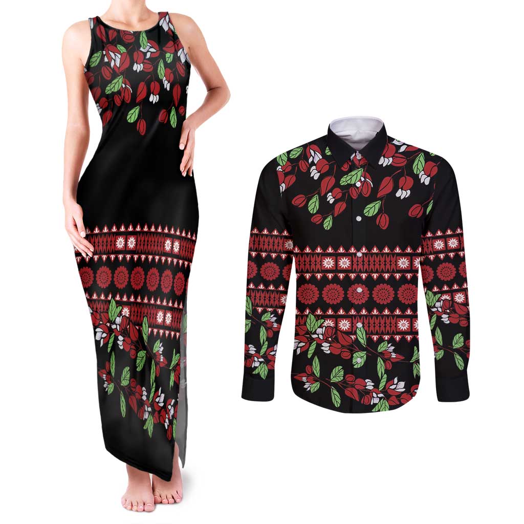 Fiji Masi Bula Tagimoucia Flowers Couples Matching Tank Maxi Dress and Long Sleeve Button Shirt