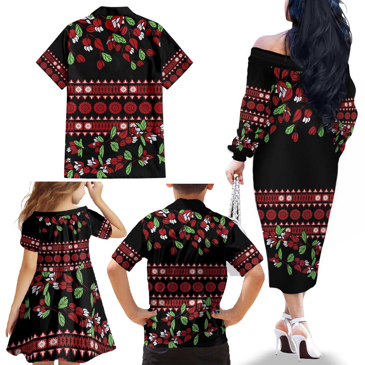 Fiji Masi Bula Tagimoucia Flowers Family Matching Off The Shoulder Long Sleeve Dress and Hawaiian Shirt