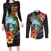 Hafa Adai Guam Couples Matching Long Sleeve Bodycon Dress and Long Sleeve Button Shirt Guahan Seal Chamorro Stones Tribal