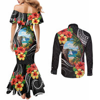 Hafa Adai Guam Couples Matching Mermaid Dress and Long Sleeve Button Shirt Guahan Seal Chamorro Stones Tribal