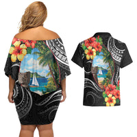 Hafa Adai Guam Couples Matching Off Shoulder Short Dress and Hawaiian Shirt Guahan Seal Chamorro Stones Tribal