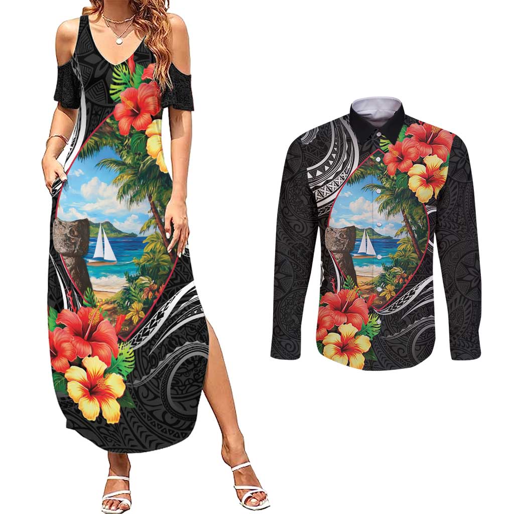 Hafa Adai Guam Couples Matching Summer Maxi Dress and Long Sleeve Button Shirt Guahan Seal Chamorro Stones Tribal