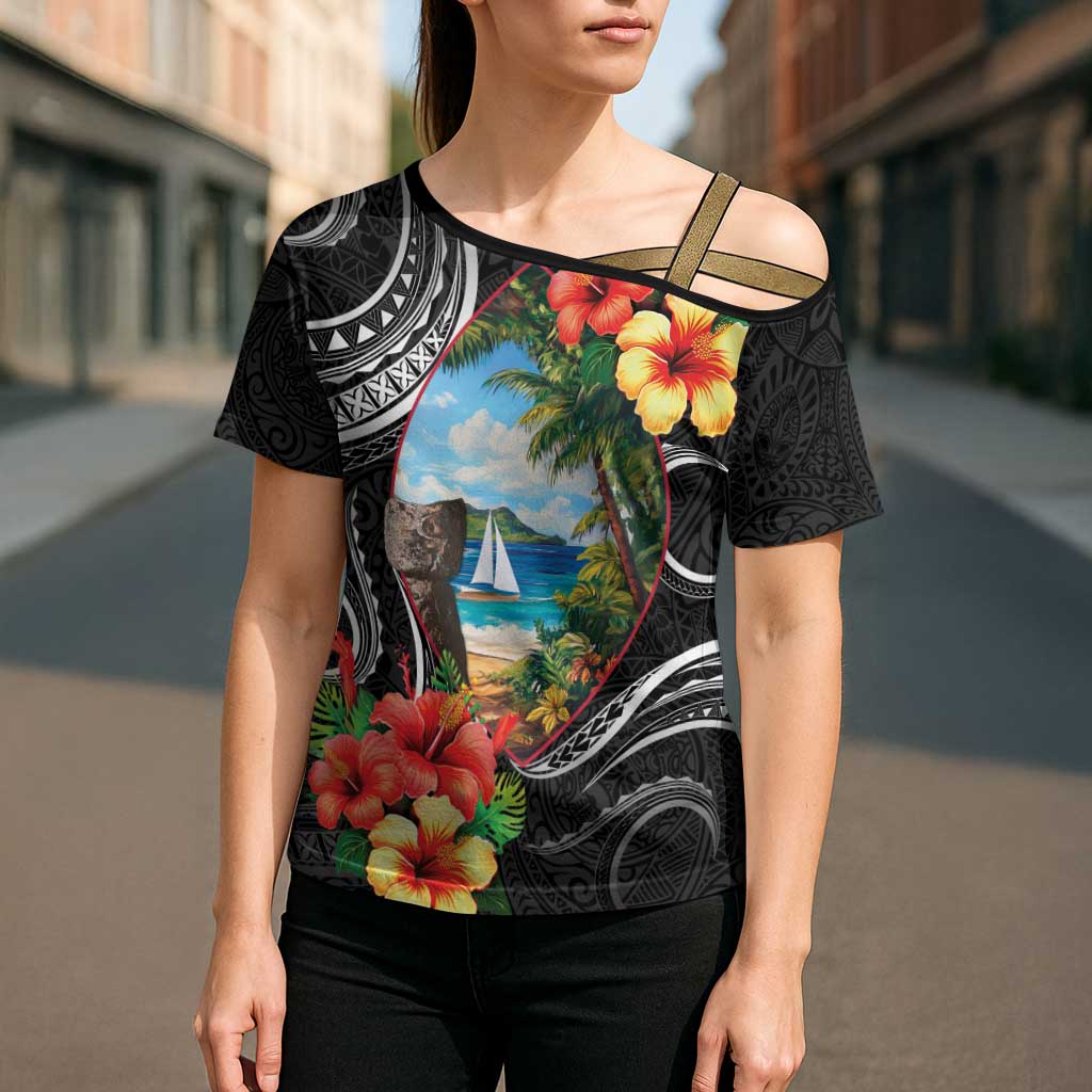 Hafa Adai Guam Cross Shoulder Shirt Guahan Seal Chamorro Stones Tribal - Polynesian Pride