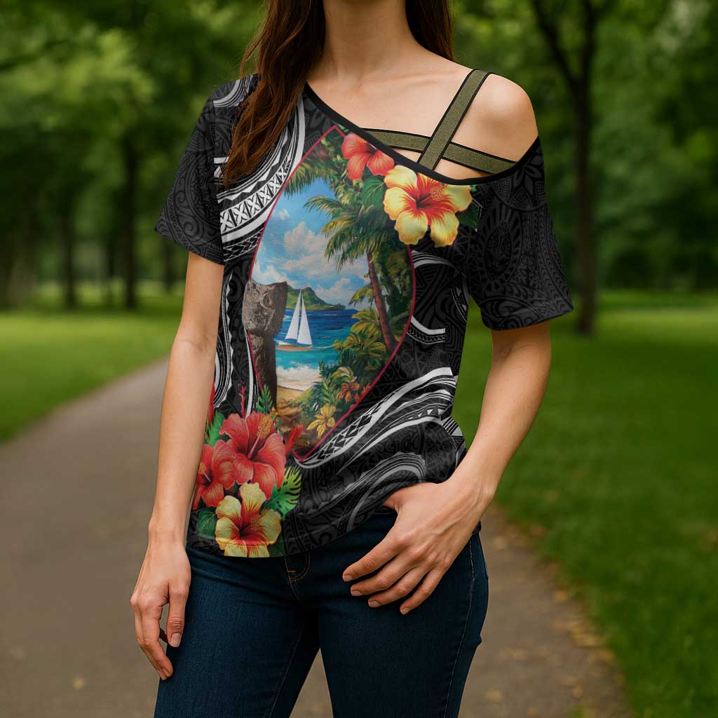 Hafa Adai Guam Cross Shoulder Shirt Guahan Seal Chamorro Stones Tribal - Polynesian Pride