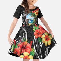 Hafa Adai Guam Family Matching Long Sleeve Bodycon Dress and Hawaiian Shirt Guahan Seal Chamorro Stones Tribal LT9 Daughter's Dress Black - Polynesian Pride