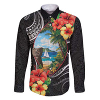 Hafa Adai Guam Family Matching Long Sleeve Bodycon Dress and Hawaiian Shirt Guahan Seal Chamorro Stones Tribal LT9 Dad's Shirt - Long Sleeve Black - Polynesian Pride