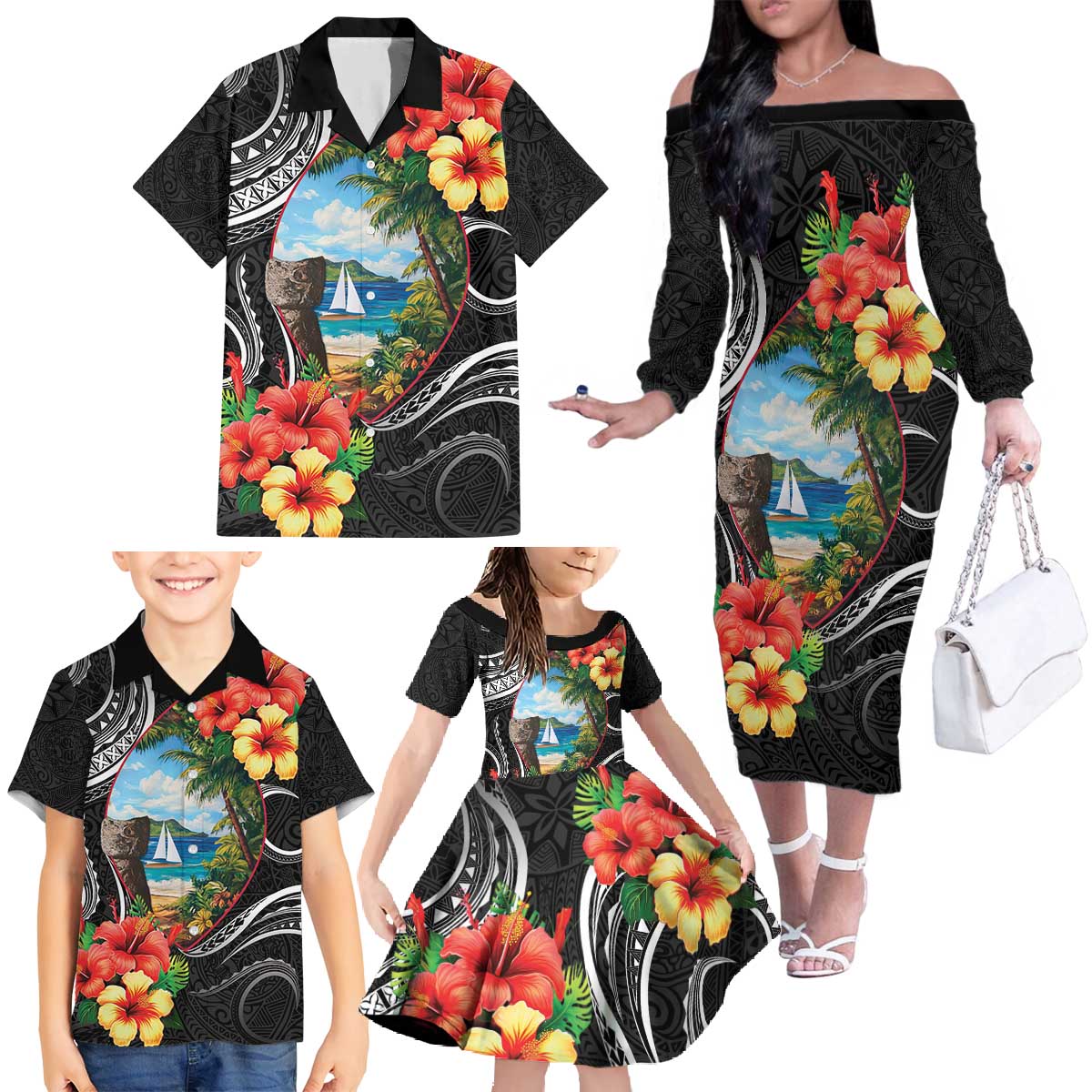 Hafa Adai Guam Family Matching Off The Shoulder Long Sleeve Dress and Hawaiian Shirt Guahan Seal Chamorro Stones Tribal