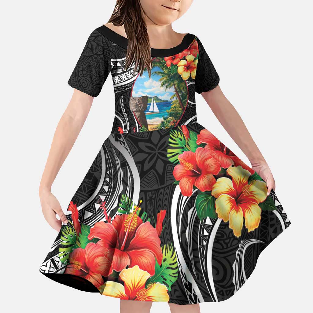 Hafa Adai Guam Family Matching Short Sleeve Bodycon Dress and Hawaiian Shirt Guahan Seal Chamorro Stones Tribal LT9 Daughter's Dress Black - Polynesian Pride