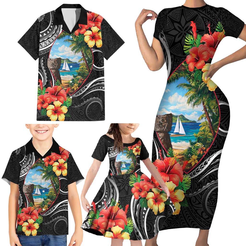 Hafa Adai Guam Family Matching Short Sleeve Bodycon Dress and Hawaiian Shirt Guahan Seal Chamorro Stones Tribal LT9 - Polynesian Pride