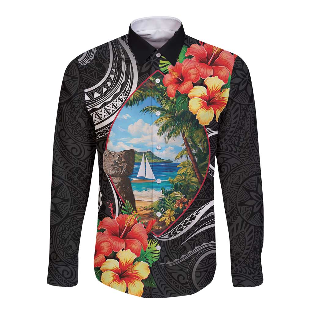 Hafa Adai Guam Long Sleeve Button Shirt Guahan Seal Chamorro Stones Tribal