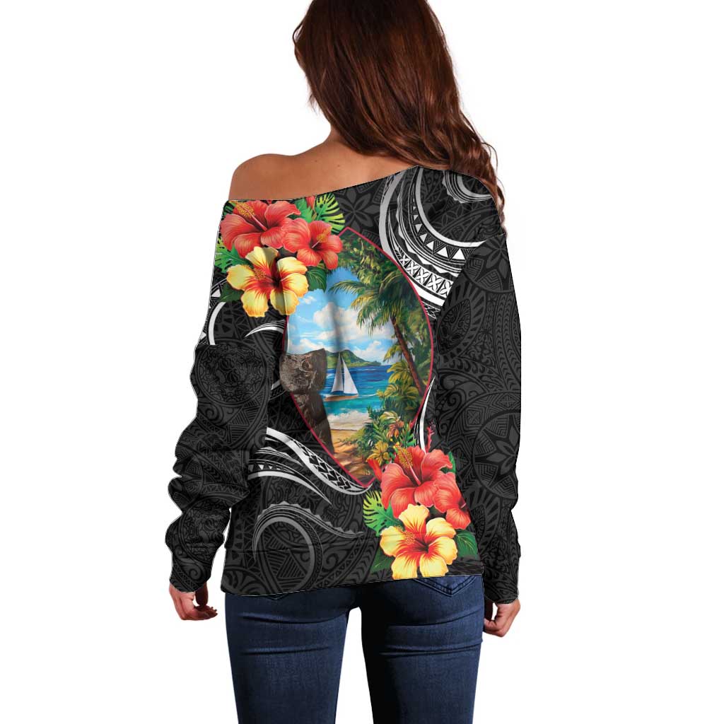 Hafa Adai Guam Off Shoulder Sweater Guahan Seal Chamorro Stones Tribal