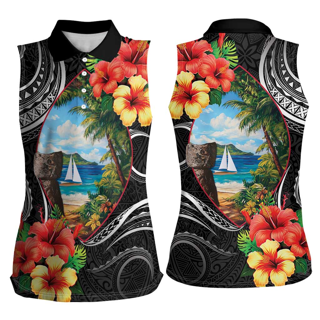 Hafa Adai Guam Women Sleeveless Polo Shirt Guahan Seal Chamorro Stones Tribal