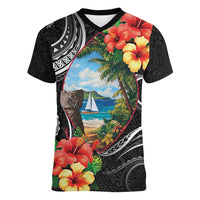 Hafa Adai Guam Women V-Neck T-Shirt Guahan Seal Chamorro Stones Tribal