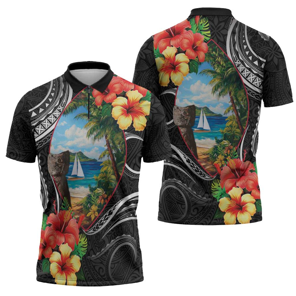 Hafa Adai Guam Zipper Polo Shirt Guahan Seal Chamorro Stones Tribal - Polynesian Pride