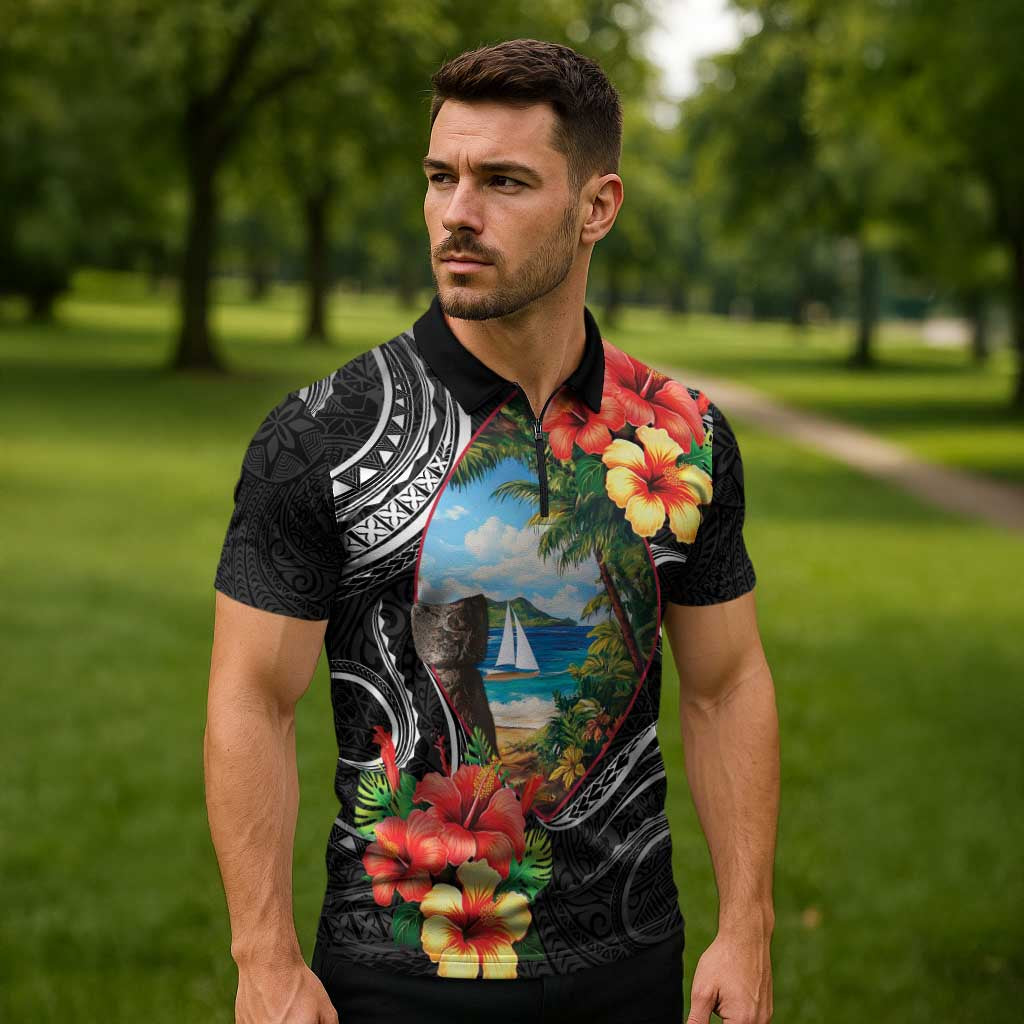 Hafa Adai Guam Zipper Polo Shirt Guahan Seal Chamorro Stones Tribal - Polynesian Pride