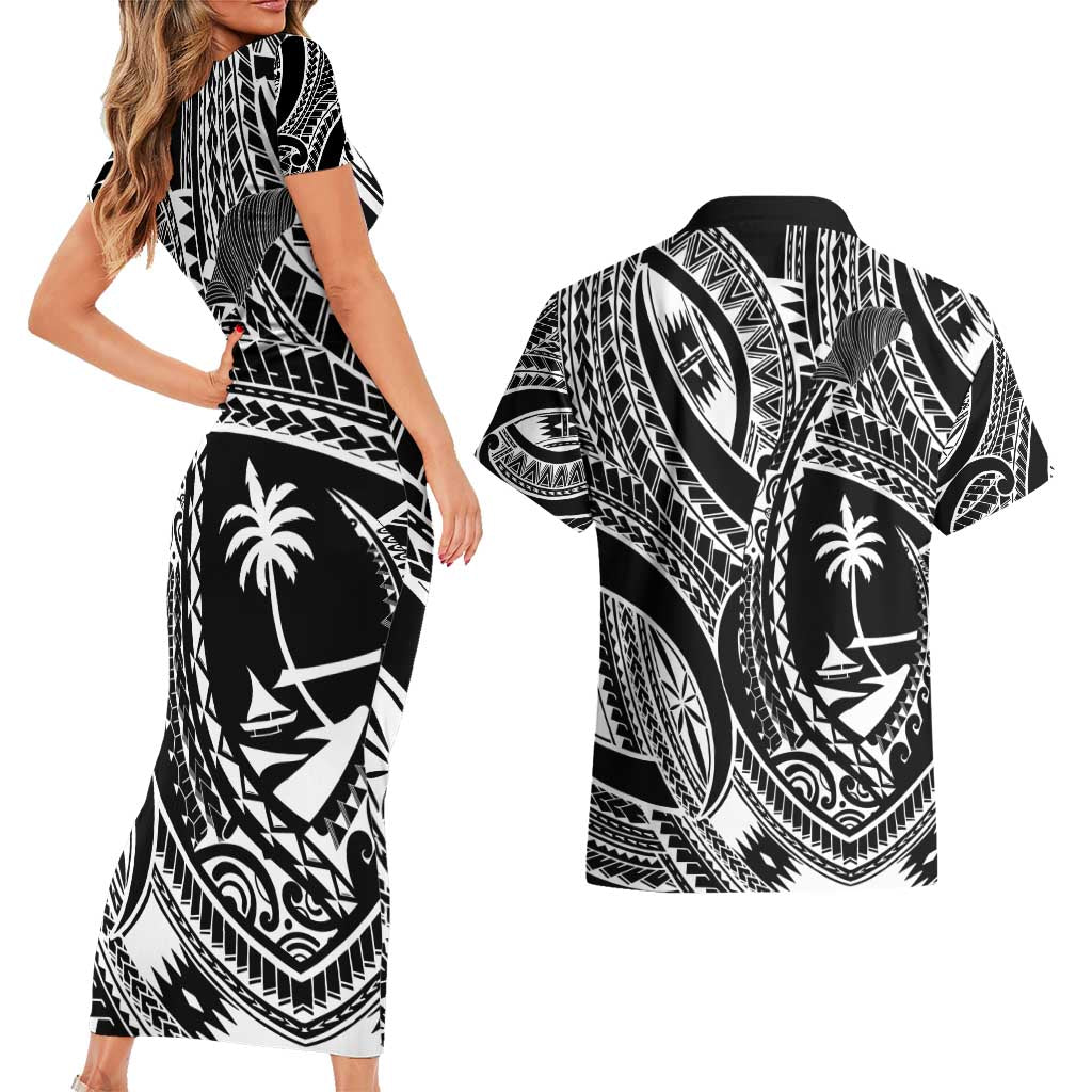 Hafa Adai Guam Inspired Tattoo Couples Matching Short Sleeve Bodycon Dress and Hawaiian Shirt