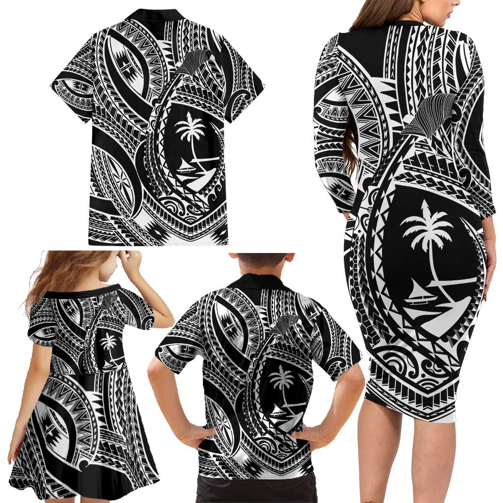 Hafa Adai Guam Inspired Tattoo Family Matching Long Sleeve Bodycon Dress and Hawaiian Shirt LT9 - Polynesian Pride