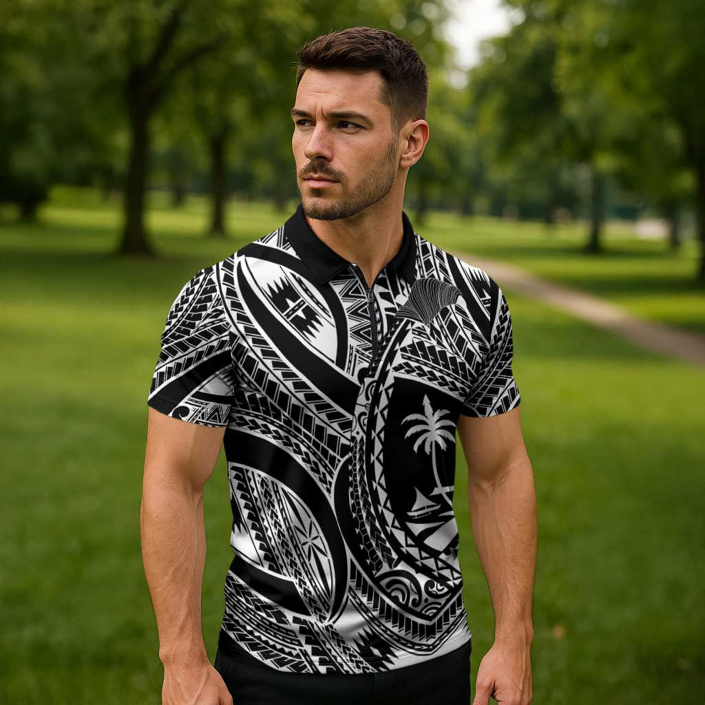Hafa Adai Guam Inspired Tattoo Zipper Polo Shirt - Polynesian Pride