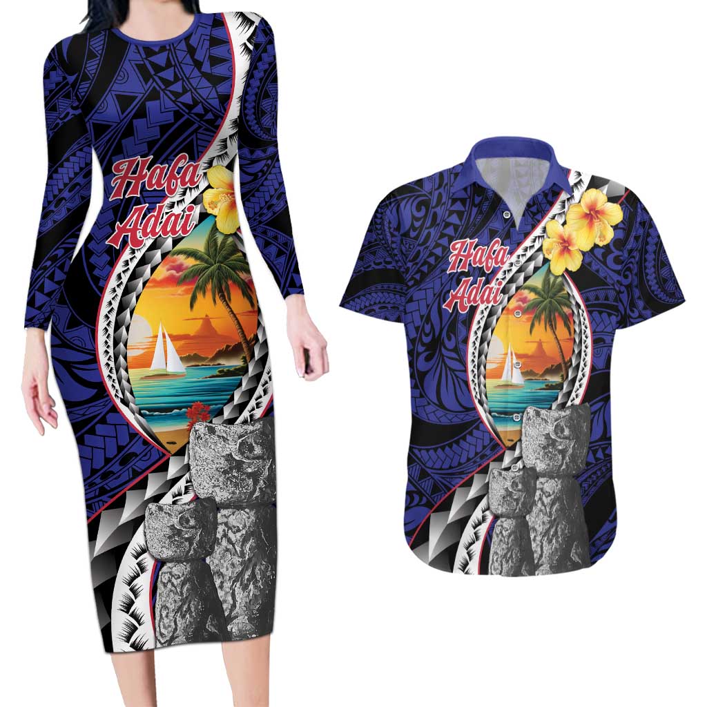 Hafa Adai Guam Seal Latte Stones Artwork Couples Matching Long Sleeve Bodycon Dress and Hawaiian Shirt