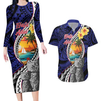 Hafa Adai Guam Seal Latte Stones Artwork Couples Matching Long Sleeve Bodycon Dress and Hawaiian Shirt
