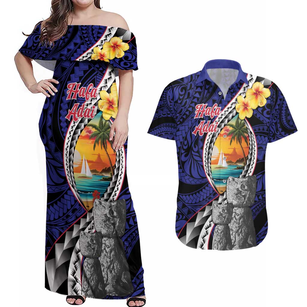 Hafa Adai Guam Seal Latte Stones Artwork Couples Matching Off Shoulder Maxi Dress and Hawaiian Shirt