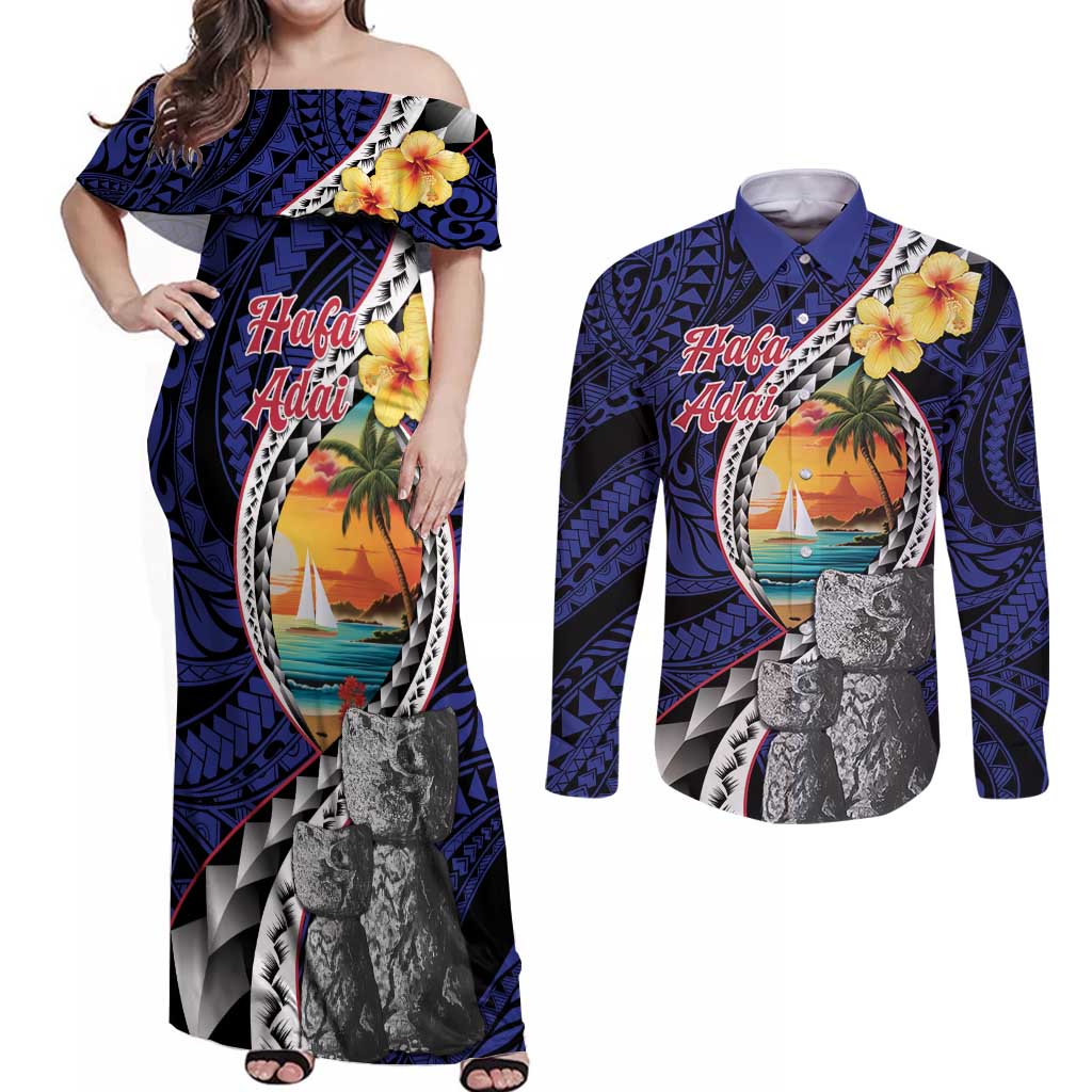 Hafa Adai Guam Seal Latte Stones Artwork Couples Matching Off Shoulder Maxi Dress and Long Sleeve Button Shirt
