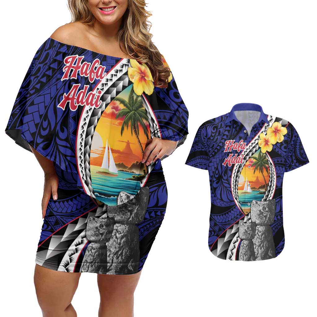 Hafa Adai Guam Seal Latte Stones Artwork Couples Matching Off Shoulder Short Dress and Hawaiian Shirt
