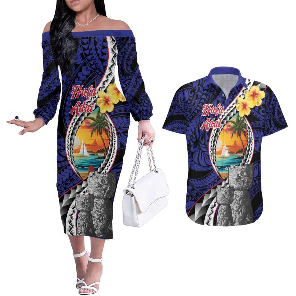 Hafa Adai Guam Seal Latte Stones Artwork Couples Matching Off The Shoulder Long Sleeve Dress and Hawaiian Shirt