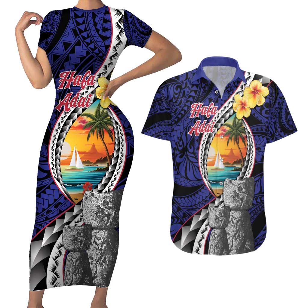 Hafa Adai Guam Seal Latte Stones Artwork Couples Matching Short Sleeve Bodycon Dress and Hawaiian Shirt