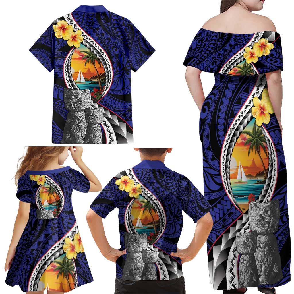 Hafa Adai Guam Seal Latte Stones Artwork Family Matching Off Shoulder Maxi Dress and Hawaiian Shirt