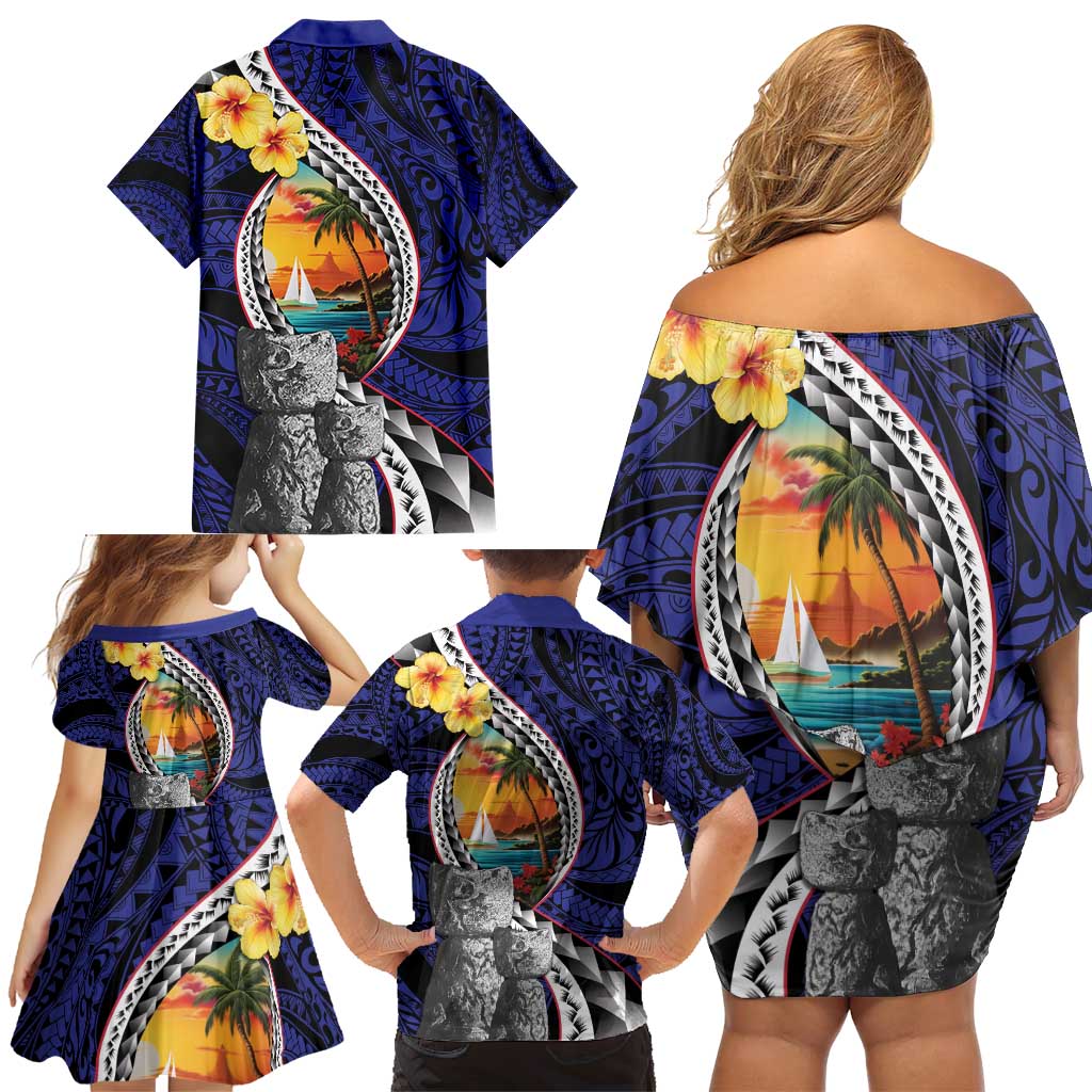 Hafa Adai Guam Seal Latte Stones Artwork Family Matching Off Shoulder Short Dress and Hawaiian Shirt