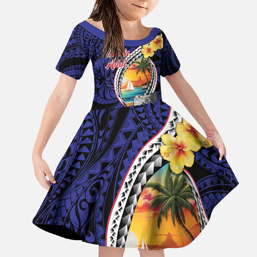 Hafa Adai Guam Seal Latte Stones Artwork Family Matching Short Sleeve Bodycon Dress and Hawaiian Shirt LT9 Daughter's Dress Blue - Polynesian Pride