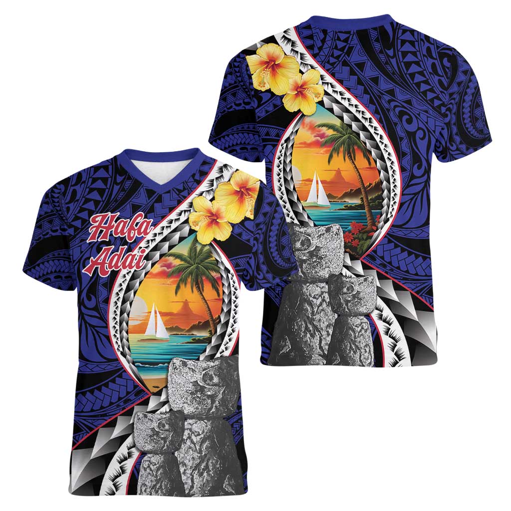 Hafa Adai Guam Seal Latte Stones Artwork Women V-Neck T-Shirt